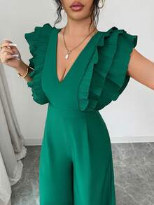 Elenzga Mono elegante y casual para mujer, de tela verde suave y cómoda, con diseño de mangas con doble capa de volantes plisados, casual y elegante, adecuado para salidas, viajes o eventos sociales, un artículo esencial en el guardarropa de la mujer - Verde - Ver 7