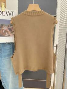 INAWLY Women's Regular Round Neck Loose Button Design Casual Knitted Vest - Khaki - View 2