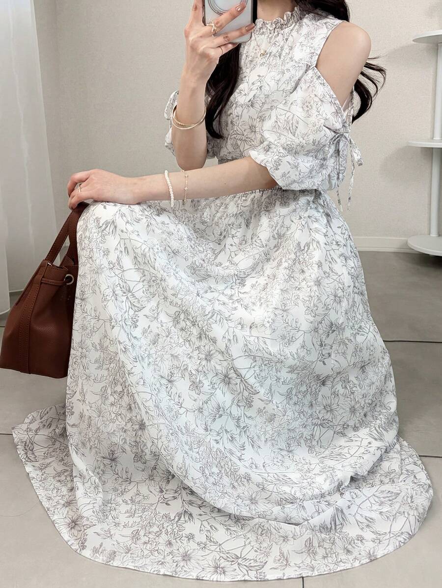 FRIFUL Đầm xòe eo ôm dáng họa tiết hoa nhí mùa hè/xuân dành cho nữ, kiểu dáng đa năng và tôn dáng. - trắng - Xem 1