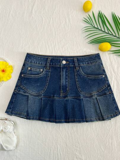 Elamini Y2K 时尚休闲百褶迷你牛仔裙