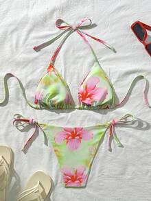 Swim Vcay Conjunto de bikini halter con estampado aleatorio sexy para mujer, verano - Multicolor - Ver 2