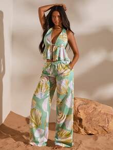 Opulessa Women's Chiffon Printed Halter Top & Loose Straight Leg Pants 2 Pieces Set, Spring/Summer Vacation - Green - View 6