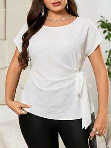 SHEIN Clasi Áo kiểu nữ cỡ lớn màu trơn cổ tròn tay cánh dơi ngắn buộc dây bên hông - trắng - Xem 6
