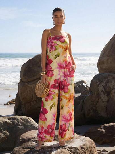 Amorya Women's 2 Pieces Printed Tank Top And Printed Pants Set, Women's Resort Wear, Women's Beach Vacation Outfit, Women's Summer Wear, Resort 2 Pieces Set Women's Day Elegant Gift For Mom Festival Outfit Beach Date Night Beach Vacation Outfits For Women  Summer Outfit For Women