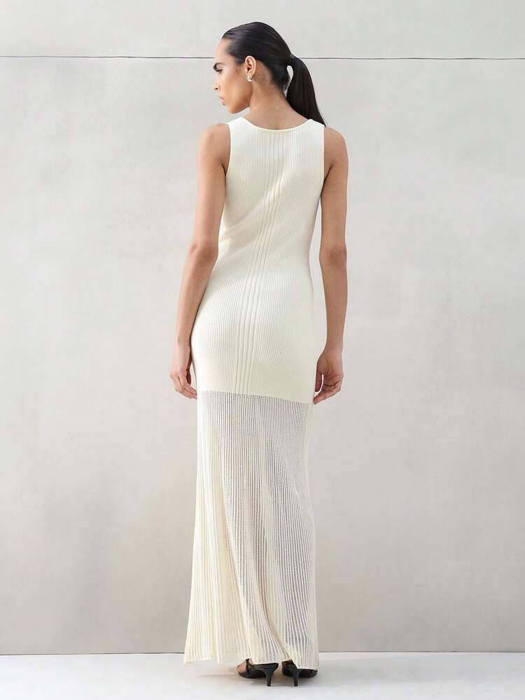 KSTM Women's Ribbed Knit V-Neck Sleeveless Midi Dress Semi Sheer Bodycon Tank Summer Casual Evening Versatile Dress