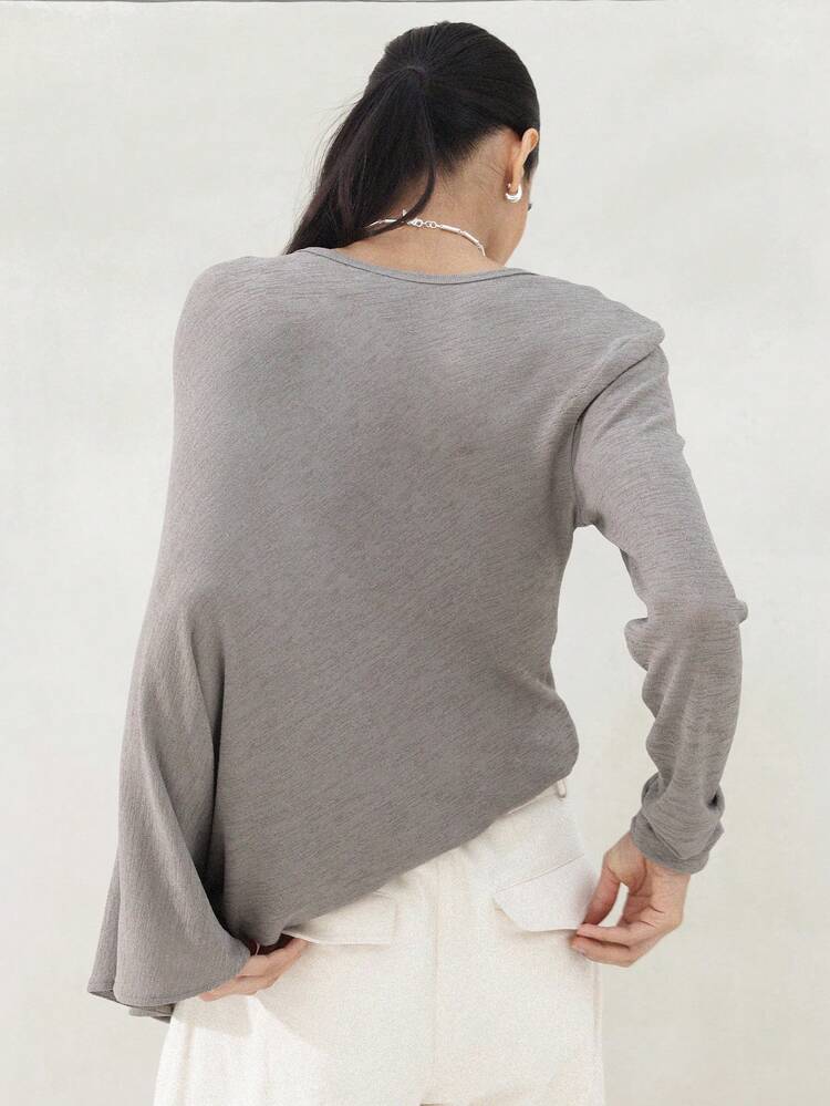 KSTM Women Asymmetrical Long Sleeve Top With Relaxed Oversized Fit Round Neckline And Soft Jersey Knit Fabric For Casual Comfort