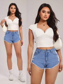 SHEIN Tall 女士高腰带口袋破洞毛边休闲牛仔短裤 - 藍色 - 查看 1