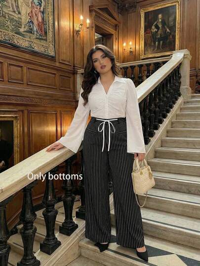 SHEIN MOD Plus Size Black & White Striped Elegant Wide Leg Pants, Suitable For Work And Casual Wear, Bow Tie Design, Lady, Vintage, Collegiate