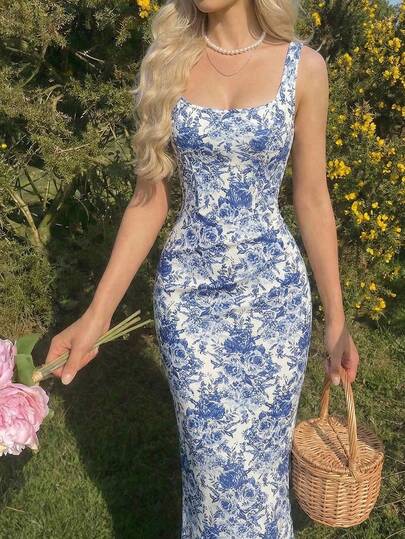 SHEIN MOD Women's Blue & White Print Fitted Slit Midi Dress,Romantic, Classic Style, Comfortable, Elegant, Spring /Summer Outfits Women, Vacation Outfits Women,Party Dress, Elegant Women's Ceremony Dress, Wedding Guest Dress For Women, Luxury Evening Dresses For Women, Garden Party Dress, Graduation Dress For Women,  Elegant Party Dress, Wedding Guest Party Dress,Graduation Dresses, Prom Dresses,Birthday Outfits For Women