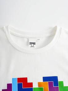 Tetris™ X SHEIN 少女爱心印花短袖T恤搭配松紧腰工装裤，休闲日常穿搭 - 白色 - 查看 3