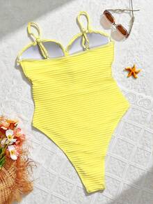 Swim SXY 1 bộ đồ bơi liền thân thiết kế chéo màu trơn dành cho nữ, nâng ngực, không dây - Màu vàng - Xem 2