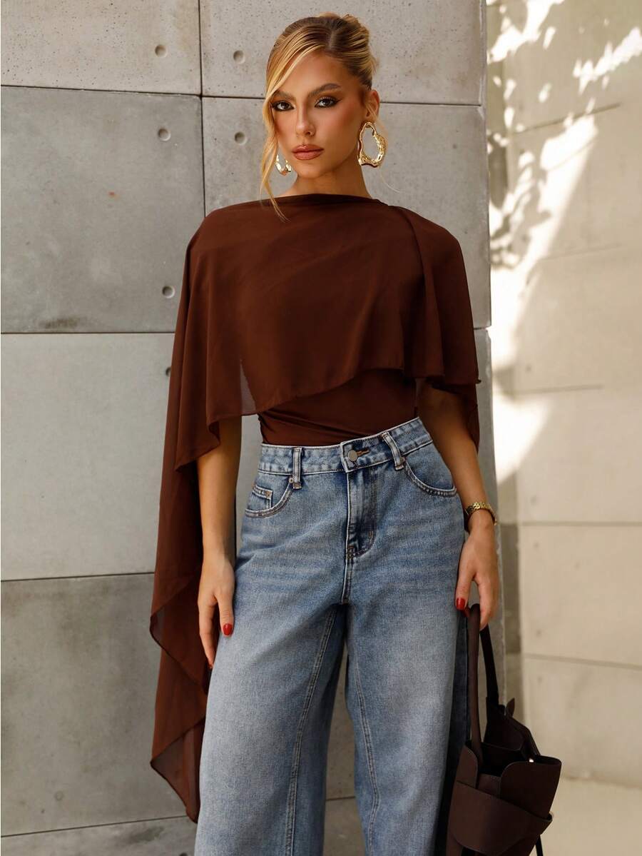 BiaLiraa 女士不对称肩部褶皱领系带衬衫，优雅针织上衣，秋冬款 - 棕色 - 查看 1