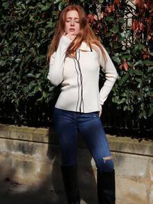 SILVIA DI SANTO 女士优雅条纹长袖休闲开衫、百搭圣诞衬衫、百搭商务休闲针织毛衣，适合秋冬 - 米色 - 查看 4