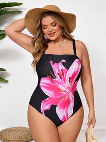 SHEIN CURVE+ 大码女士连体泳衣，夏季度假印花泳装 - 黑色 - 查看 6