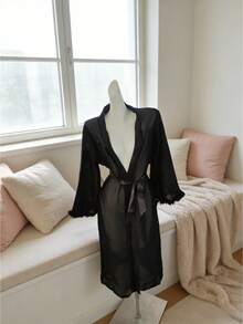 Women'S Sexy Summer Long Sleeve Robe - Deep V-Neck With Tie Waist, Long Flowy Design For Home & Casual Wear, Comfortable Clothing | Deep Vneck Robe - Black - View 2