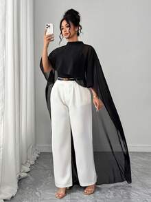 Elenzga Blusa elegante de gasa negra para mujer talla grande, chal para verano, formal, de noche y para ir al trabajo - Negro - Ver 4
