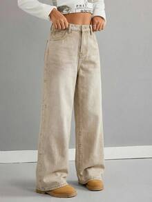 SHEIN Quần jean ống rộng cạp thấp màu xanh dương kiểu retro dành cho bé gái - Màu Khaki - Xem 4