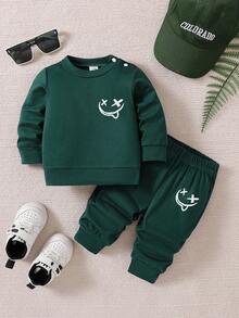 SHEIN Newborn Baby Cartoon Smiling Face Print Long Sleeve Top And Pants Set - Dark Green - View 3