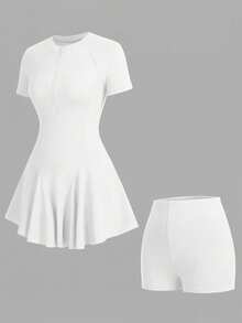 CourtClass 女士纯色短袖运动连衣裙和短裤套装 - 白色 - 查看 8