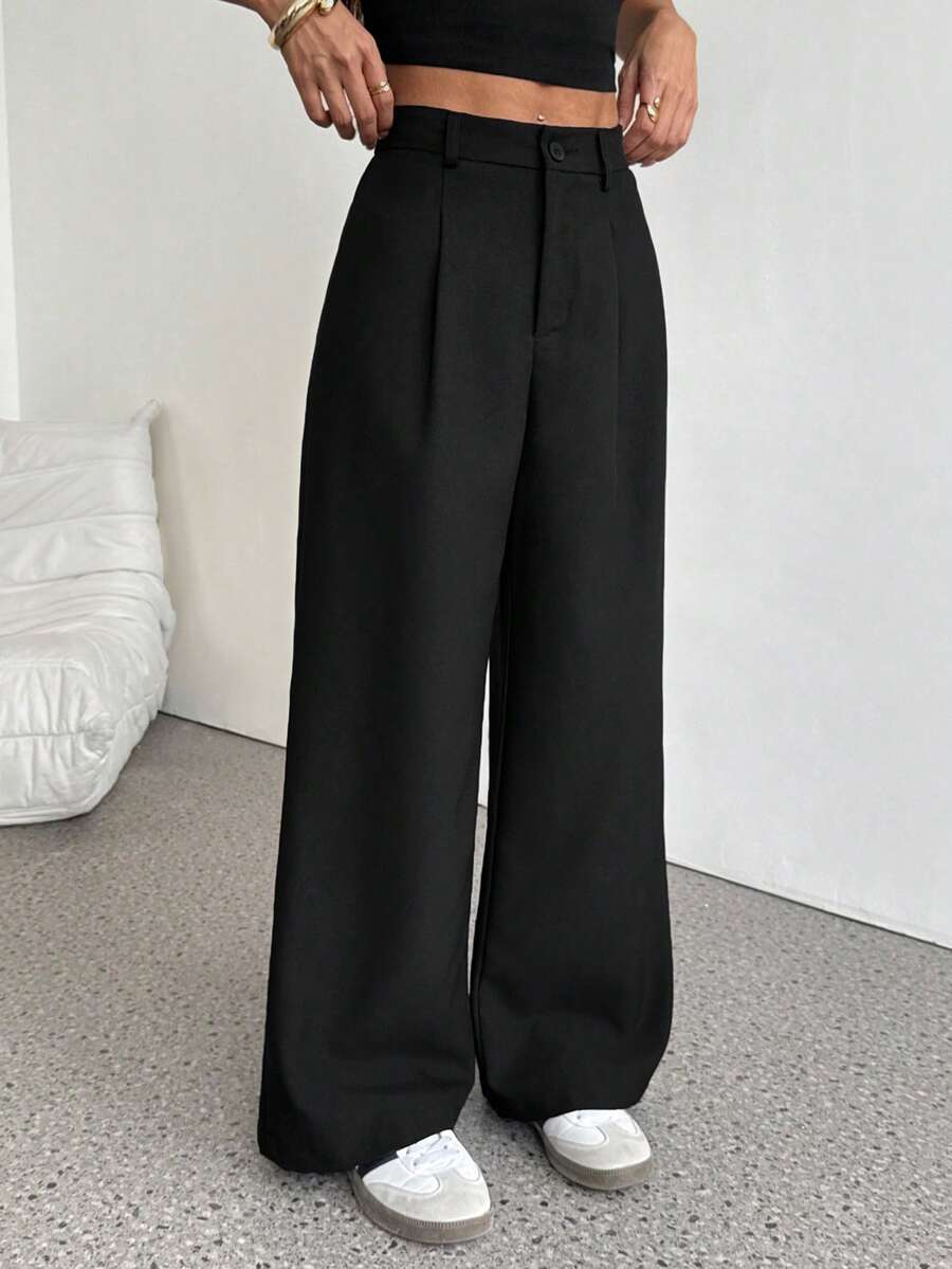 SHEIN PETITE 女士双色梭织长裤，带口袋，适合夏季度假 - 黑色 - 查看 1