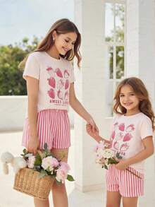 2件套,适合4-7岁女童,可爱草莓字母印花圆领短袖上衣+粉白条纹短裤,轻薄面料,可爱休闲短袖短裤套装,夏季服装 - 彩色 - 查看 6