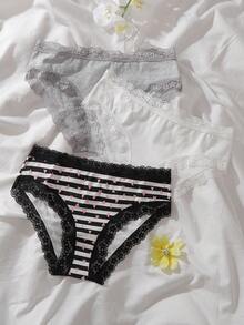 Teen Girl 3pcs Striped & Heart Print Lace Trim Brief - Multicolor - View 1