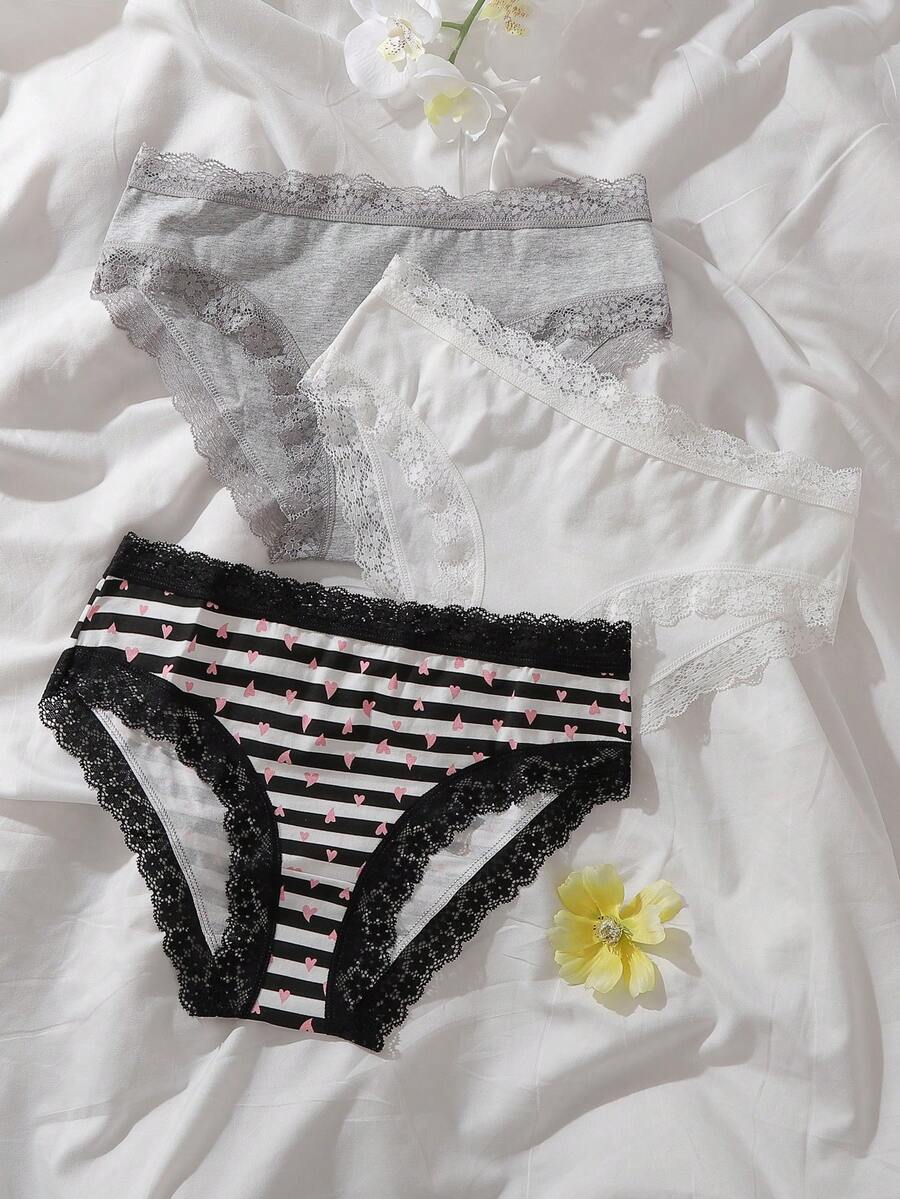 Teen Girl 3pcs Striped & Heart Print Lace Trim Brief - Multicolor - View 1