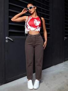 SHEIN PETITE Jeans casuales lavados y entallados para mujer - Café integral - Ver 3