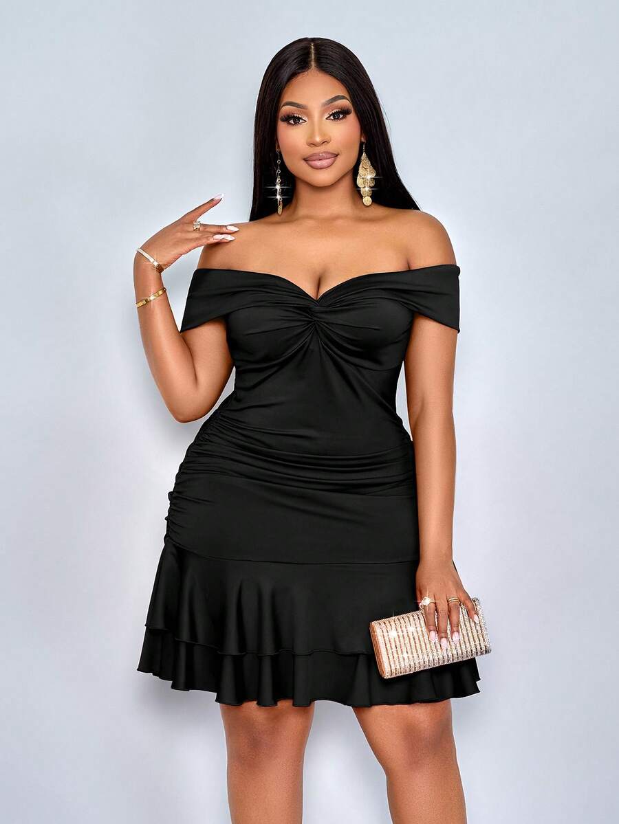 SOLERSUN Women Plus Size Black Summer Elegant Formal Evening Night Out Club Off Shoulder Center Front Chest Knot Sleeveless Double Ruffled Mini Party Dress - Black - View 1