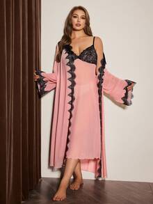 Slumberist Lace Contrast Mesh Plus Size Robe And Nightgown Set - Dusty Pink - View 1