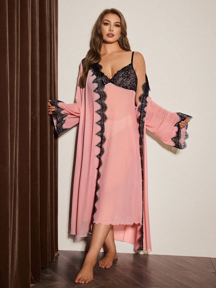 Slumberist Lace Contrast Mesh Plus Size Robe And Nightgown Set - Dusty Pink - View 1