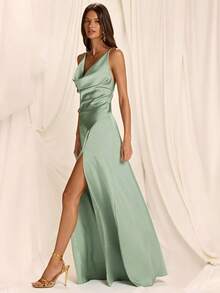 SHEIN BAE Women's Solid Green Satin Draped Neck Fitted Side High Slit Elegant Sexy Dress, Suitable For Parties, Vacations, Banquets, Weddings, Nights Out, Romantic Dates, Spring/Summer - Green - View 7