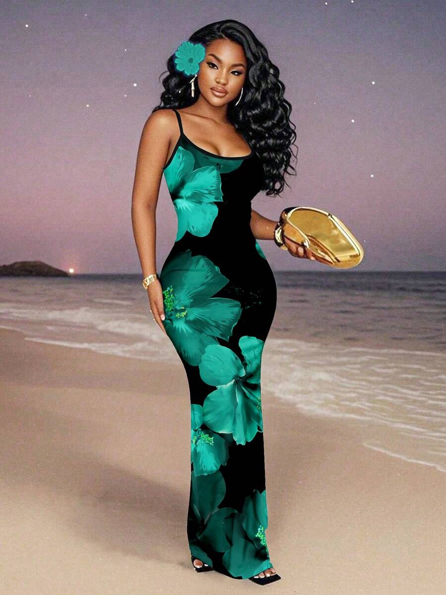 Slaydiva 2026 大码女式印花修身度假连衣裙 女士吊带连衣裙 沙滩裙 黑色碎花连衣裙 长款碎花连衣裙 - 彩色 - 查看 1