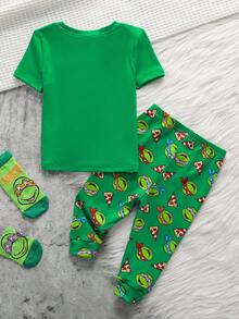 TEENAGE MUTANT NINJA TURTLES | SHEIN Bộ đồ mặc nhà 2 món cho bé trai, in hình hoạt hình, cổ tròn, tay ngắn và quần legging. - Nhiều màu - Xem 2