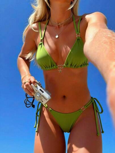Swim Mod 2pcs/Set New Random Green Triangle Strap Sexy Elegant Vacation Bikini Set, Suitable For Beach, Pool, Party