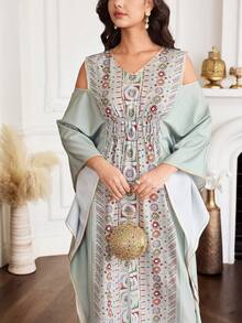 Al Najma Vestido árabe elegante de mujer con estampado geométrico, hombros descubiertos, suelto y con abertura, otoño - Multicolor - Ver 7