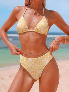 Swim Vcay 3pcs Sexy Leopard Print Halter Neck Triangle Cup Mesh Sarong Bikini Set For Women - Multicolor - View 7