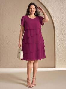 Reflora 大码女式圆领蕾丝休闲约会外出连衣裙 - 中紫紅色 - 查看 5