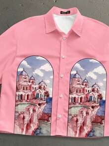 StoneGrade 男士建筑图案短袖单排扣休闲衬衫 - 粉色 - 查看 2