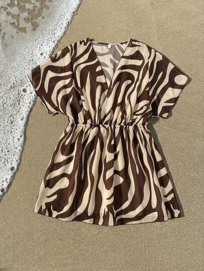 SHEIN BAE Plus Size Women Vacation Zebra Print Batwing Sleeve Kimono Dress Beach Outfits For Women