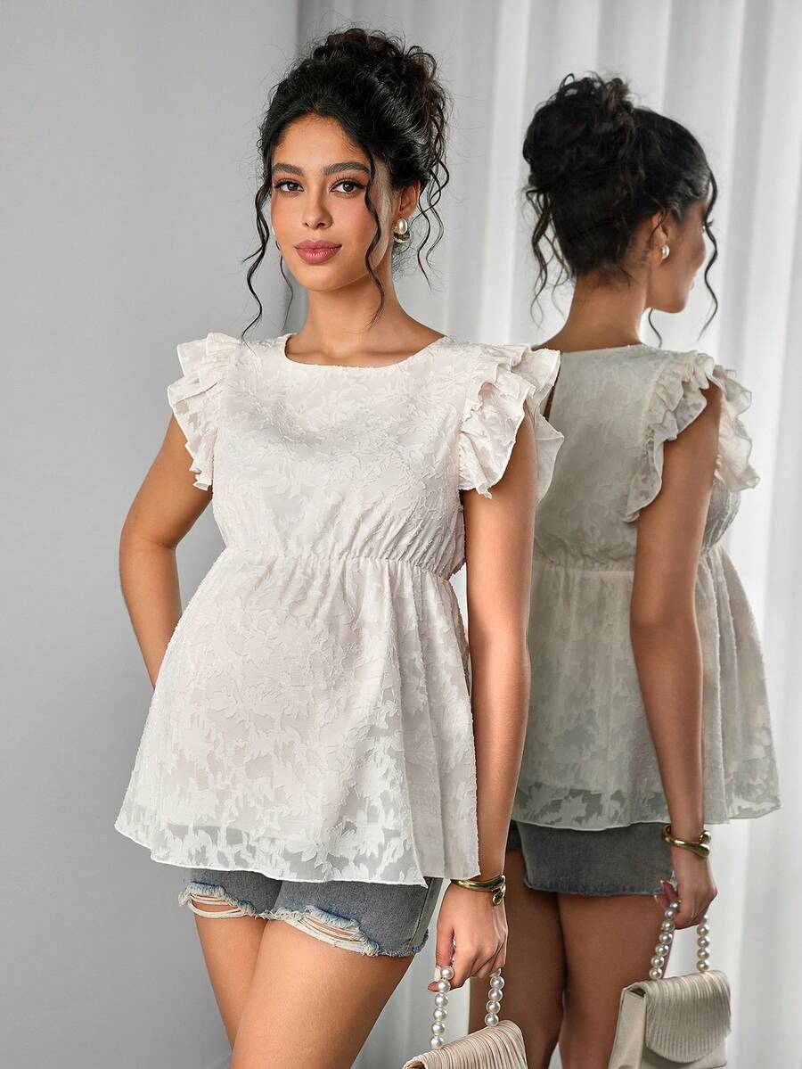 Momance Maternity Floral Embroidered Round Neck Ruffle Sleeve Fashionable Blouse,Summer Tops,Summer Outfits,White Top - Apricot - View 1