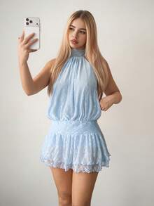 Sweetina 蕾丝花瓣袖露背迷你连衣裙 - 淺藍色 - 查看 9