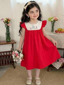 SHEIN Young Girl Casual Versatile Floral Pattern Round Neck Ruffle Trim Contrast Color Dress,Kids - Red - View 1