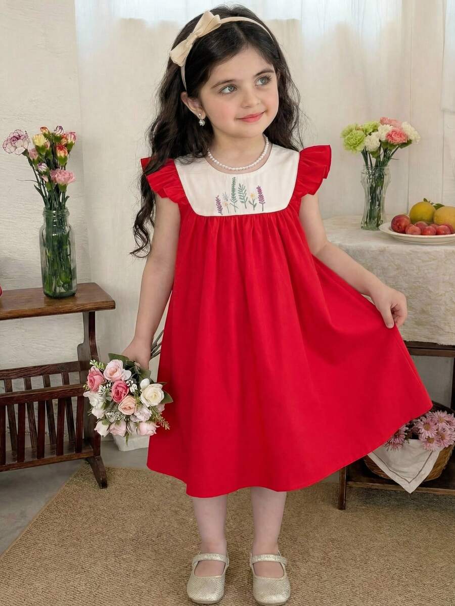 SHEIN Young Girl Casual Versatile Floral Pattern Round Neck Ruffle Trim Contrast Color Dress,Kids - Red - View 1