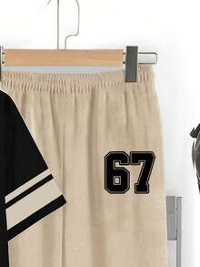 SHEIN 青少年男童休闲简约Y2K风格英文字母和数字67、6&7运动风复古美式撞色宽松舒适时尚圆领短袖T恤和裤子套装 - 白色 - 查看 5