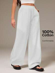 SHEIN Tall Women's Summer Country Concert Going Out Beach Outfits Boho Basic Minimalist Washed 100%Cotton White Pants Curved Hem Pants Wide Leg Sweatpants White Beach Pants White Sweat Pants White Wide Leg Pants Women White Linen Pants Women - White - View 5