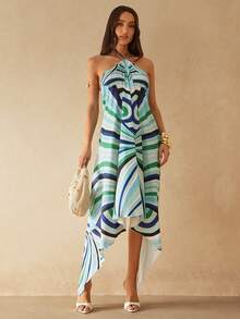 Silquee Robe femme sans manches à ourlet asymétrique avec motif rayé coloré, printemps/été - Bleu azur - Voir 8