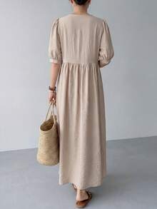 EMERY ROSE 女士休闲纯色泡泡袖连衣裙，适合度假 - 杏色 - 查看 2