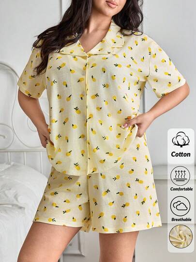 SHEIN Femmes GRANDE TAILLE Ensemble de pyjama 2 pièces en coton, chemise à manches courtes avec boutons et short, motif ananas jaune, confort et décontracté pour la maison