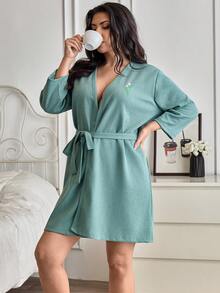 SHEIN Cottnline Women PLUS SIZE Cotton Waffle Rib Knit With Belted Flowers Embroidery Detail Homewear Comfort Lounge Robe - Green - View 4
